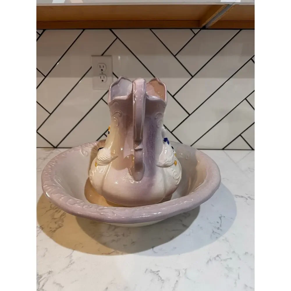 Ceramic goose pitcher & basin embossed geese floral scrollwork purple ombre rim